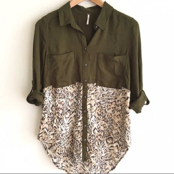 Free People Tops - Free People Green Animal Print Button Down Top